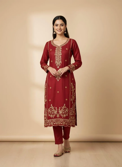 Embroidered Linen Stitched Suit – 3 Piece Set (Maroon)