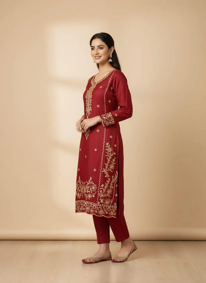 Embroidered Linen Stitched Suit – 3 Piece Set (Maroon)