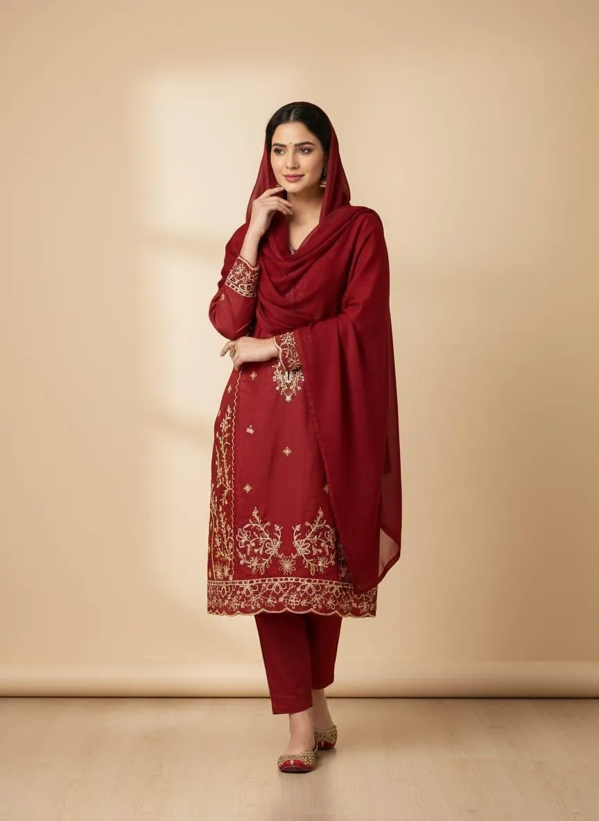 Embroidered Linen Stitched Suit – 3 Piece Set (Maroon)